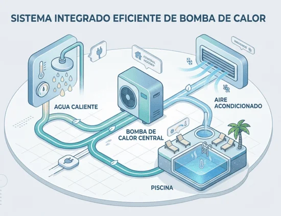 Gráfico comparativo de precios y ahorro al unificar agua caliente, aire acondicionado y piscina con aerotermia en Canarias.