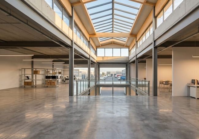 Interior de nave industrial moderna con espacio de trabajo climatizado eficientemente