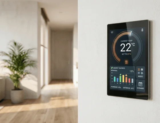 Termostato inteligente de aerotermia mostrando ahorro energético y control de temperatura en una casa de Tenerife.