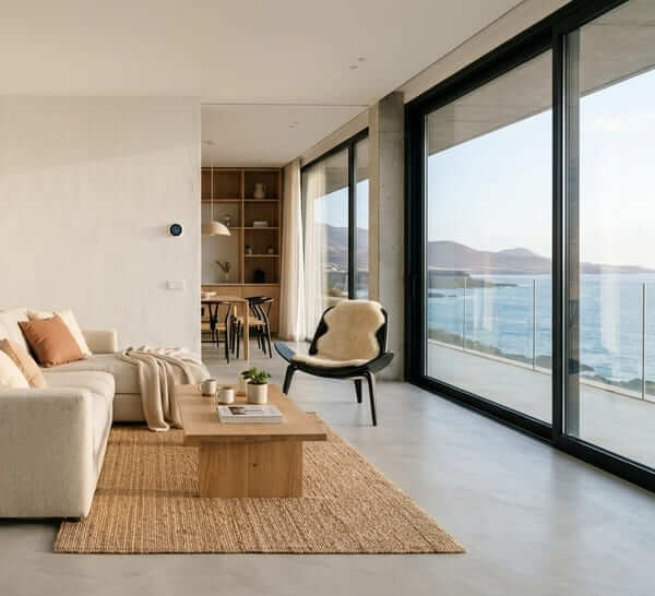 Salón moderno y luminoso con termostato inteligente para control de ahorro con aerotermia