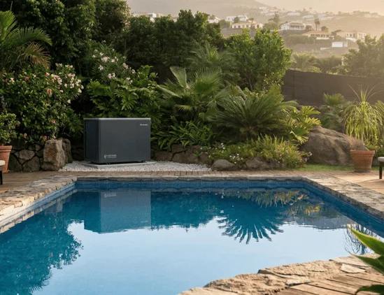Bomba de calor de aerotermia para climatización de piscina residencial en una vivienda en Tenerife