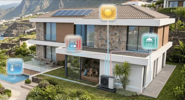 como integra la aerotermia los sistemas de vivienda integracion de agua caliente, piscina y aire acondicionado en chalet unifamiliar en tenerife
