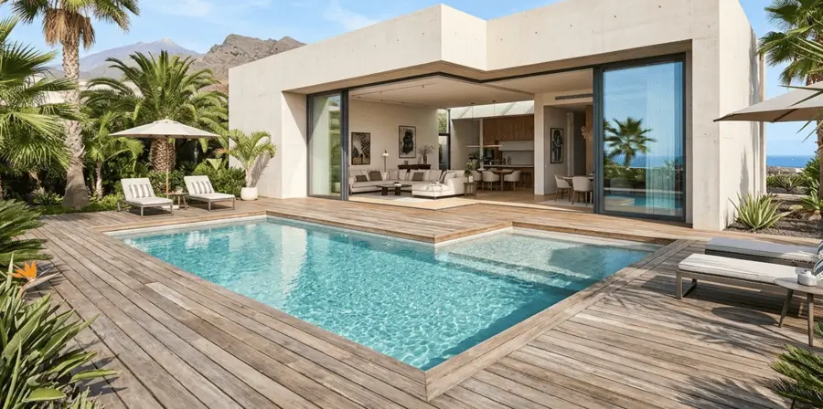 Chalet moderno en Tenerife con piscina climatizada por aerotermia y sistema unificado de agua caliente y aire acondicionado.
