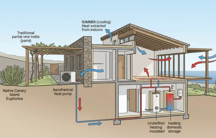 aerotermia opiniones, Esquema técnico ilustrado de una vivienda moderna en El Sauzal mostrando cómo un sistema de aerotermia proporciona calefacción, refrigeración y agua caliente sanitaria.