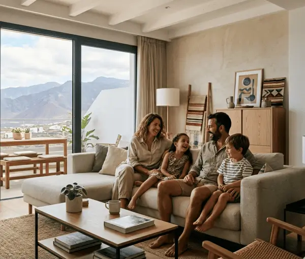 Familia disfrutando del confort térmico en su salón en Tenerife gracias a la aerotermia para pisos.