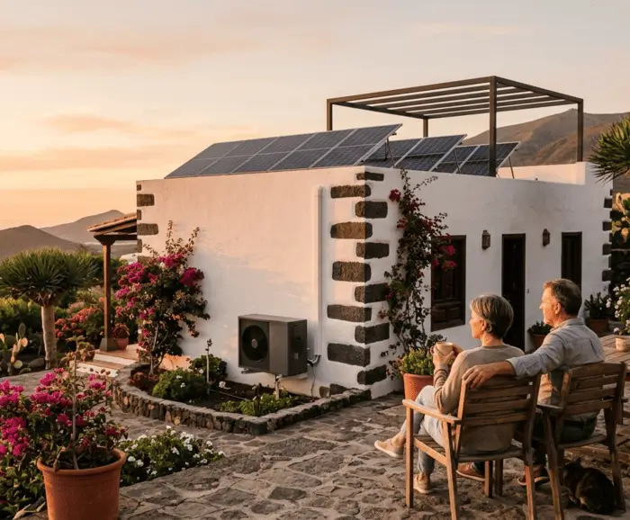 pareja de edad media contemplado al atardecer su instalación de aerotermia con placas solares en vivienda de Tenerife