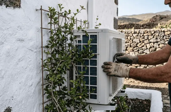 Fotografía de una unidad exterior de aerotermia instalada limpiamente en una pared de piedra volcánica blanca en El Hierro, con un técnico realizando un mantenimiento anual.