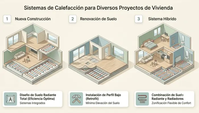 Gráfico informativo con costes orientativos de instalación de aerotermia y suelo radiante para viviendas de 100m2 y 150m2.