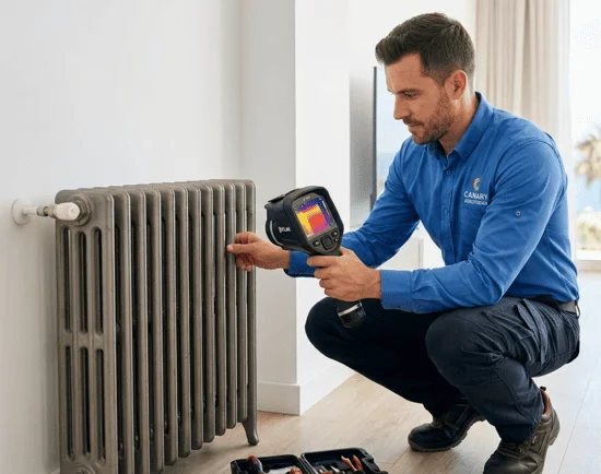 Técnico instalador realizando la comprobación de un radiador para su uso con aerotermia en una vivienda.