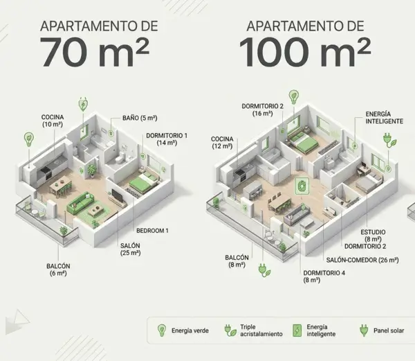 Gráfico informativo con precios orientativos de instalación de aerotermia en pisos de 70m2, 100m2 en Tenerife