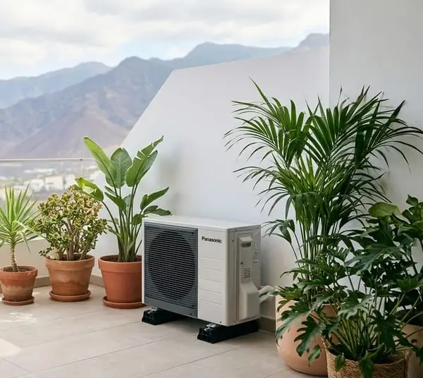 Unidad exterior compacta de aerotermia instalada en la terraza o balcón de un piso en Tenerife