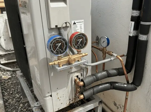 Detalle de las tuberías aisladas y manómetros de presión en una instalación de aerotermia.