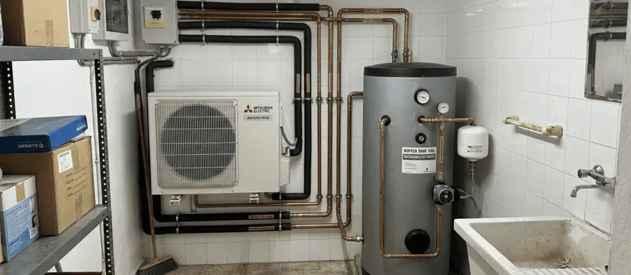 Depósito de agua caliente y sistema interior de aerotermia montado en un cuarto de lavar.